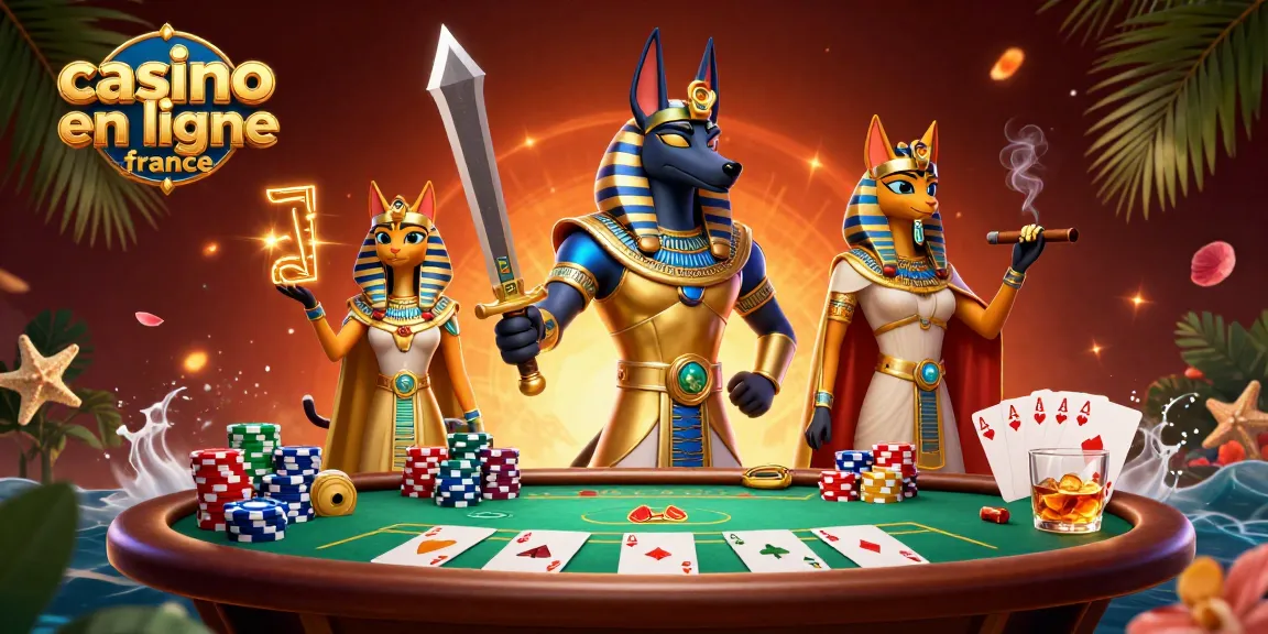 Célébrez le casino en ligne France avec des personnages captivants d'Anubis et Bastet jouant aux cartes.