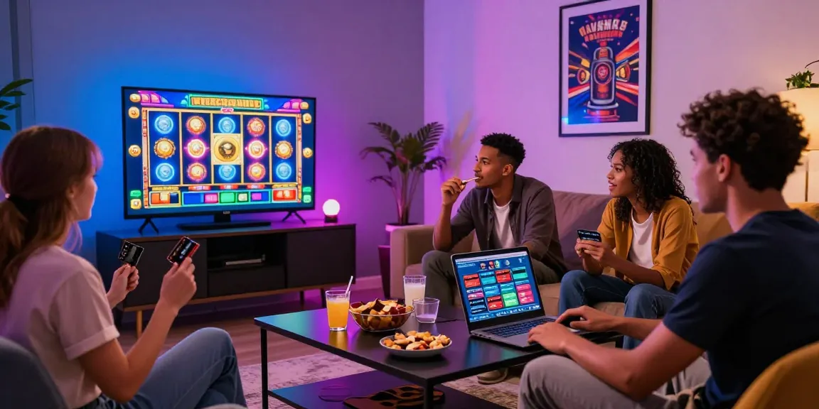 Players enjoying online gaming in a lively living room, showcasing casinos that accept credit cards