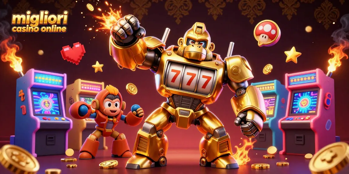 I migliori casinò online esposti in un'illustrazione 3D dinamica con un gorilla robotico e elementi di gioco