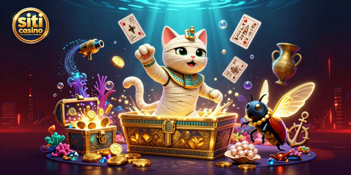 Siti casino con prelievo immediato: Mummia gatto e scarabeo in un casinò affascinante con dettagli ricchi.