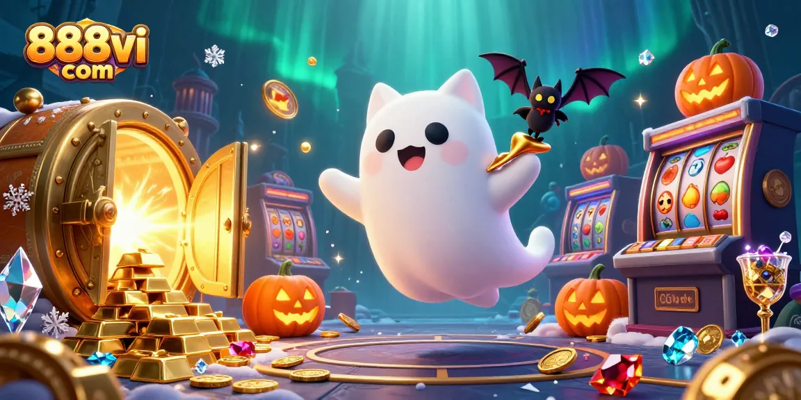 Experience thrilling gaming at 888vi com with a ghost cat and golden treasures in a vibrant casino scene.