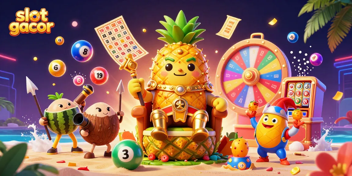 Engage with slot gacor excitement featuring a golden pineapple king in a cartoon beach casino.