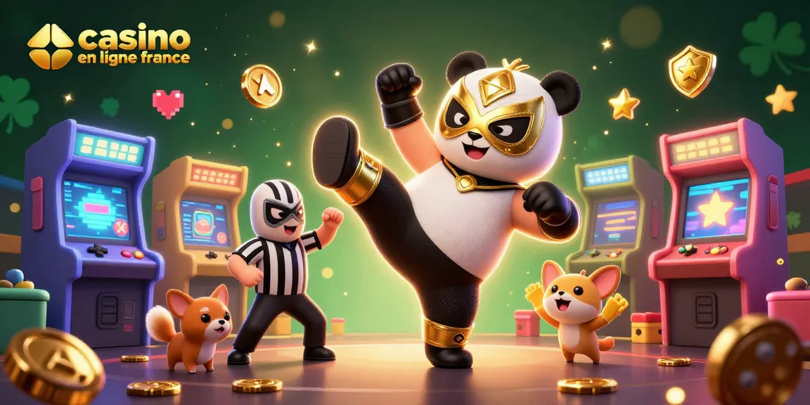 Vibrez avec le panda lutteur dans un environnement de casino en ligne France plein d'énergie.