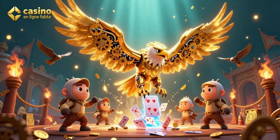 Plongez dans l'univers du casino en ligne fiable avec cette illustration dynamique emplie de cartes holographiques et d'aigles cybernétiques.
