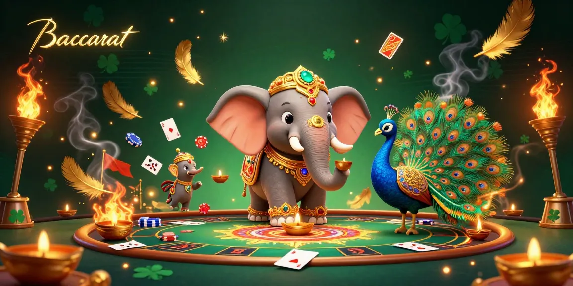 Experience Baccarat action featuring a decorated elephant and peacock amidst cards and chips in a vibrant scene.