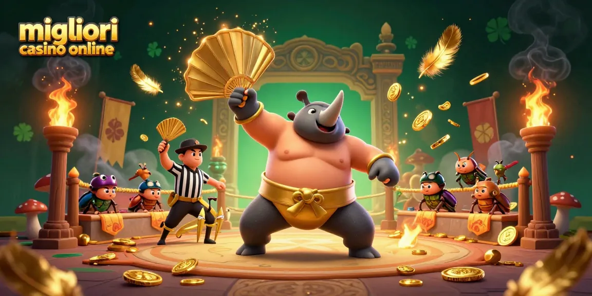 I migliori casinò online presentano un'illustrazione vivace con un campione di sumo, gettando monete dorate sul ring, attorniato da spettatori e atmosfere da gioco.