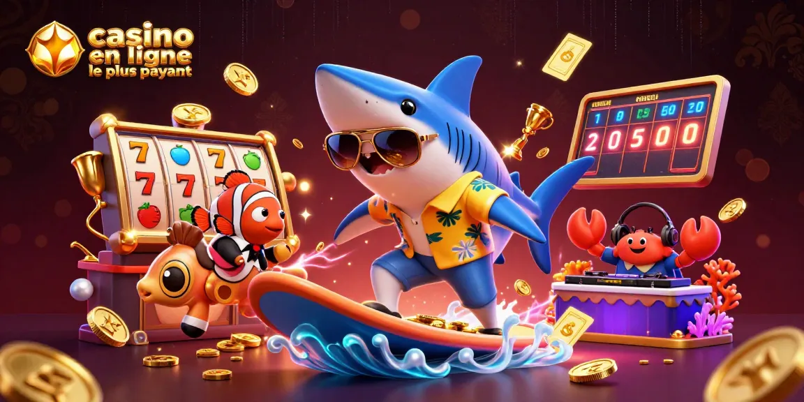 Illustration d'un requin marteau en chemise hawaïenne surfant sur des pièces d'or pour un casino en ligne le plus payant.