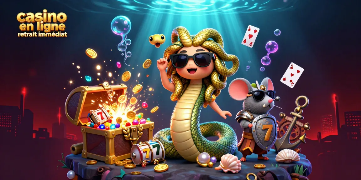 Visuel dynamique de casino en ligne retrait immédiat avec Medusa et un guerrier souriceau, rempli de trésors et symboles de jeu.