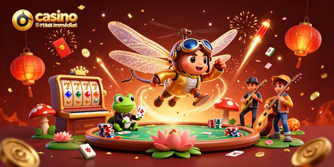 Gagnez à casino en ligne retrait immédiat avec un pilote libellule et un croupier grenouille sous des feux d'artifice.
