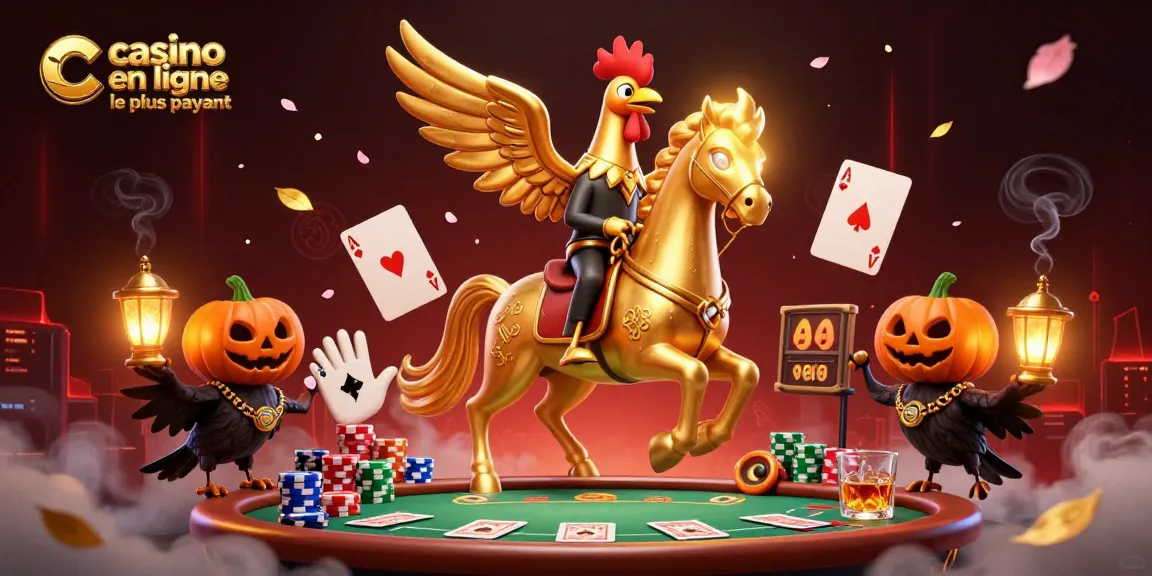 Illustration captivante d'un casino en ligne le plus payant avec un coq doré et des croupiers enchantés.