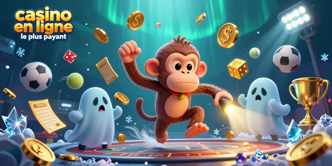 Illustration captivante représentant un casino en ligne le plus payant avec un singe poltergeist et un chiot chasseur de fantômes.