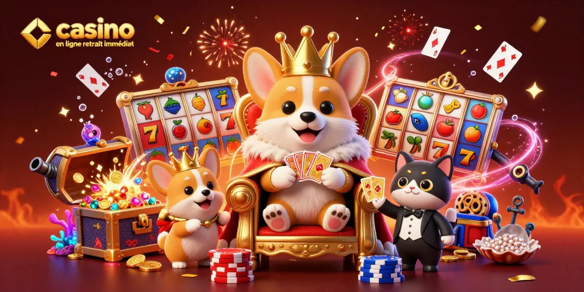 Gagnez à casino en ligne retrait immédiat avec une illustration détaillée de corgis royaux entourés de jeux captivants.