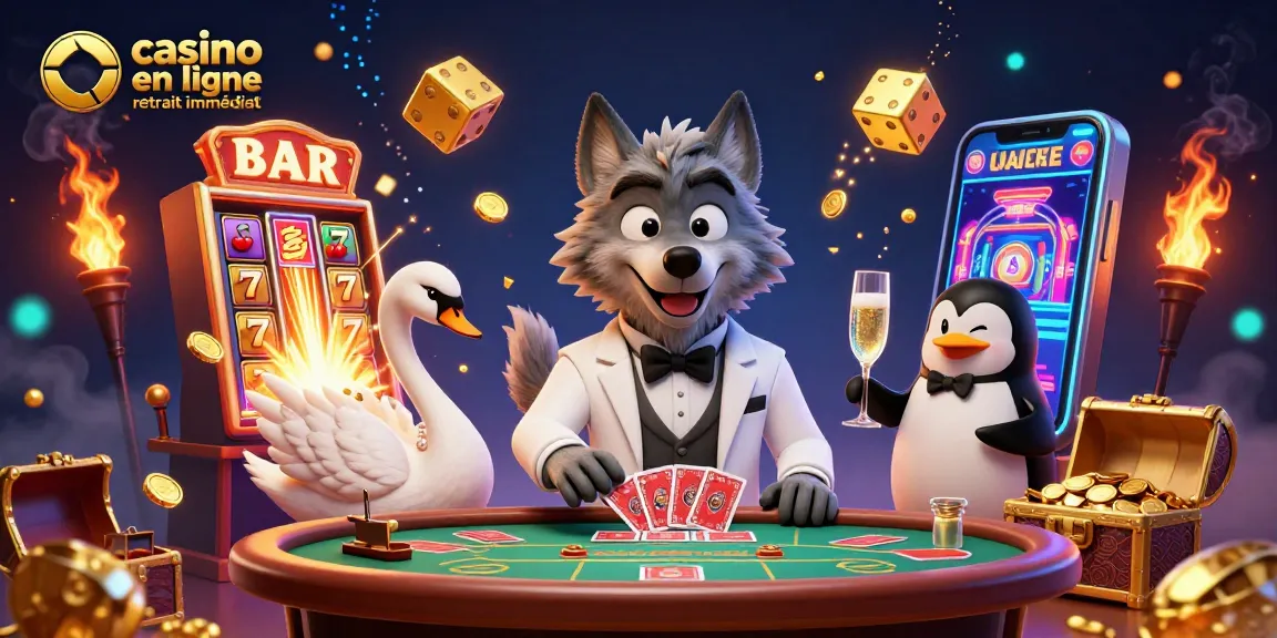 Découvrez les gains instantanés avec casino en ligne retrait immédiat entouré de symboles de jackpot et de personnages animés.