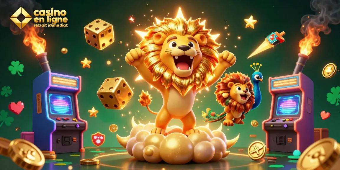 Visualisez un lion soleil 3D enjoué symbolisant un casino en ligne retrait immédiat dans un univers vibrant.