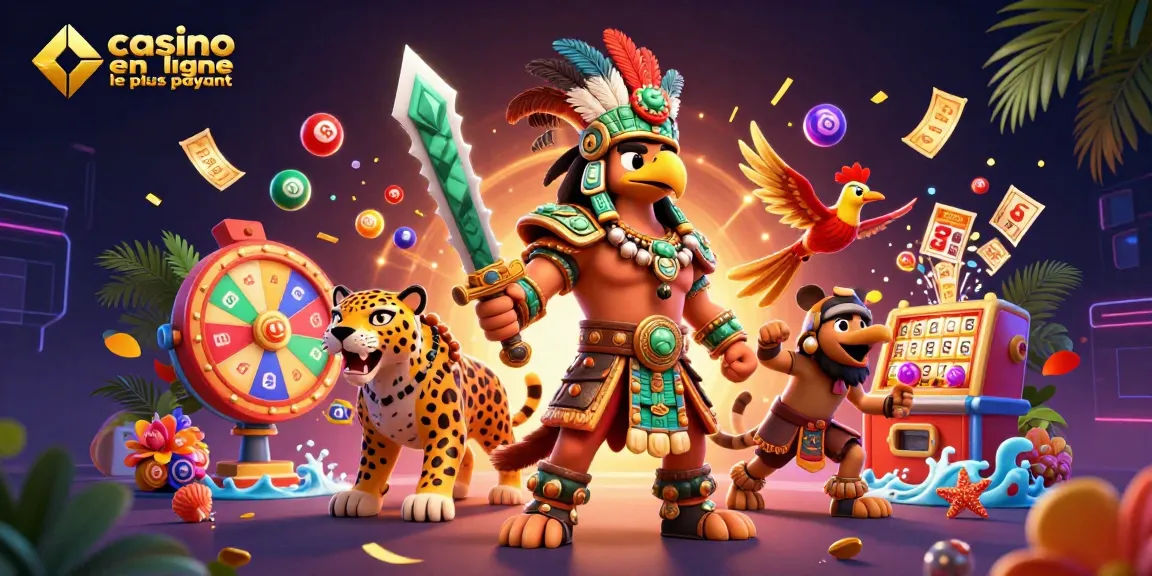 Illustration dynamique de guerriers azteques et jeux de bingo, mettant en avant casino en ligne le plus payant.