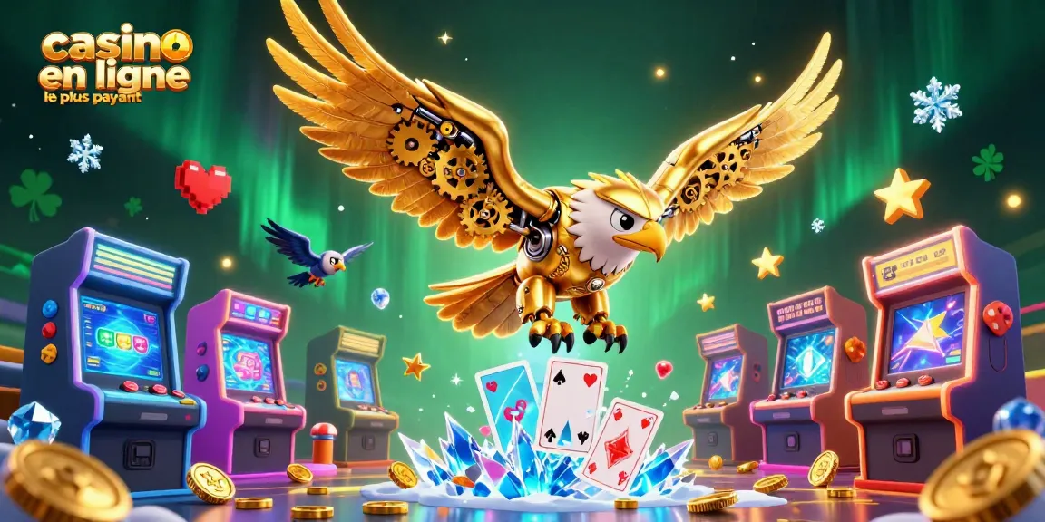 Illustration captivante d'un casino en ligne le plus payant avec un aigle cybernétique sur fond vibrant.