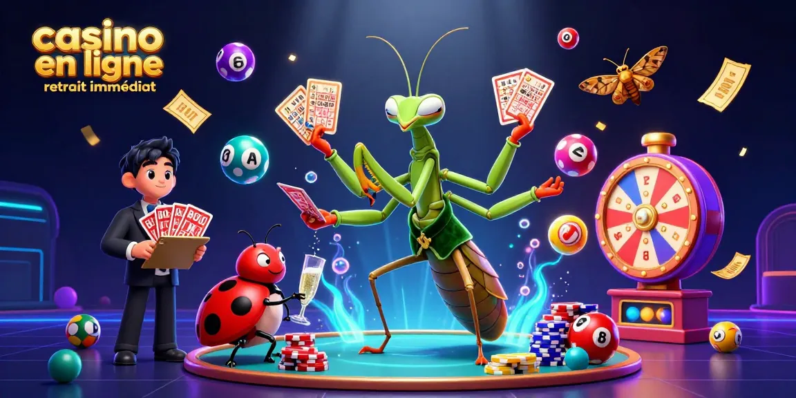 Animation d'un casino en ligne retrait immédiat avec un caméléon, un gérant et des ballons colorés.