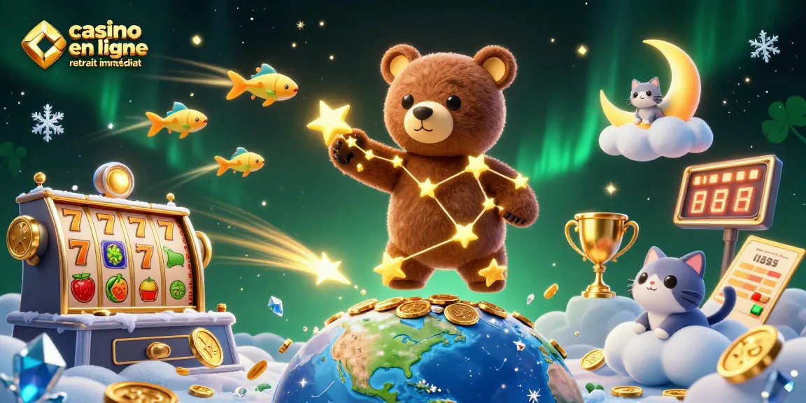 Visualisez des gains instantanés avec casino en ligne retrait immédiat, un ours constellation et des pièces scintillantes illustrant le jeu.