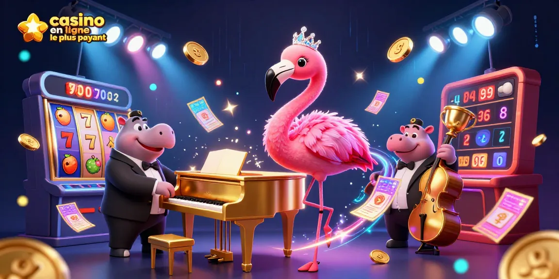 Profitez de l'expérience de jeu avec le casino en ligne le plus payant, illustré par une scène dynamique de chanteurs de casino et de machines à sous.
