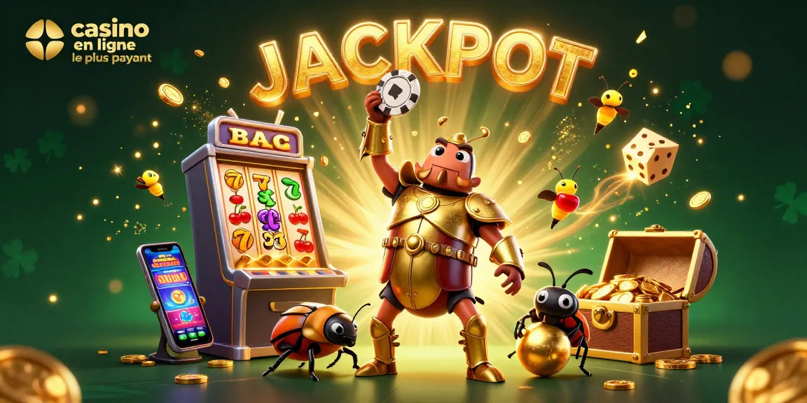 Gagnez avec le casino en ligne le plus payant, où un scarabée batteur célèbre le jackpot dans une scène vibrante.