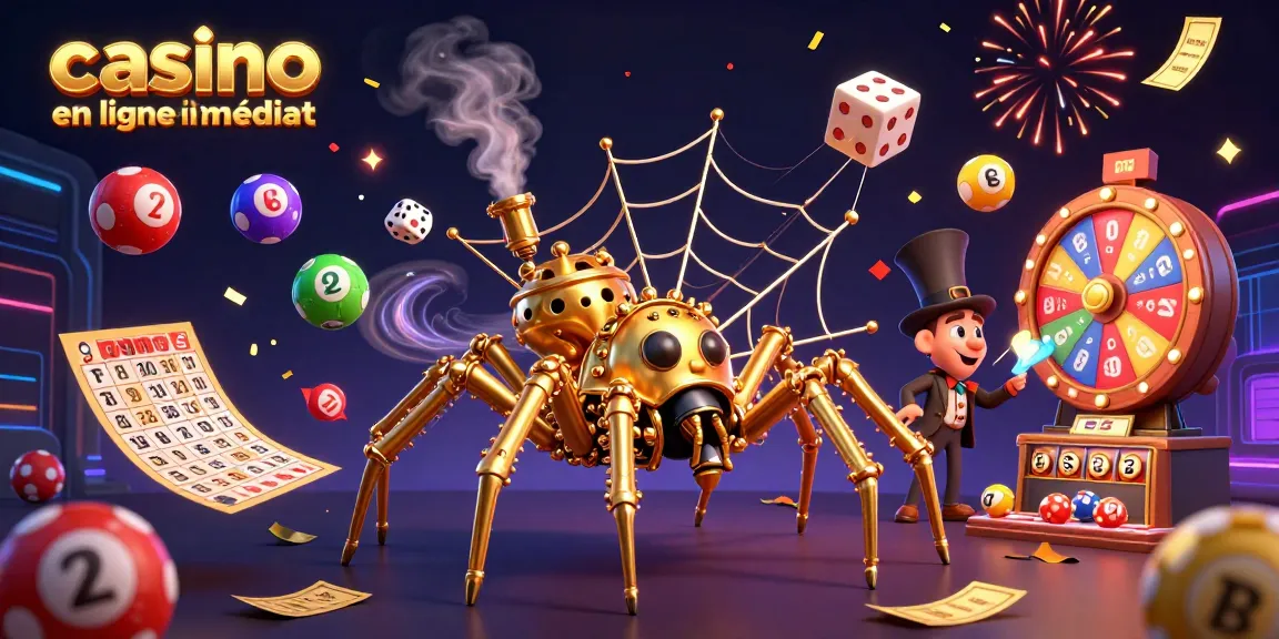 Animation de casino en ligne retrait immédiat avec une araignée steampunk et des balles de loterie colorées.