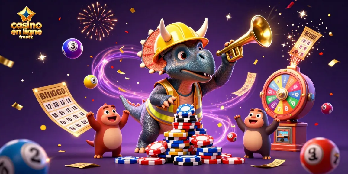 Jouer sur un casino en ligne France avec des personnages de dinosaure entourés de jeux de loterie et de confettis