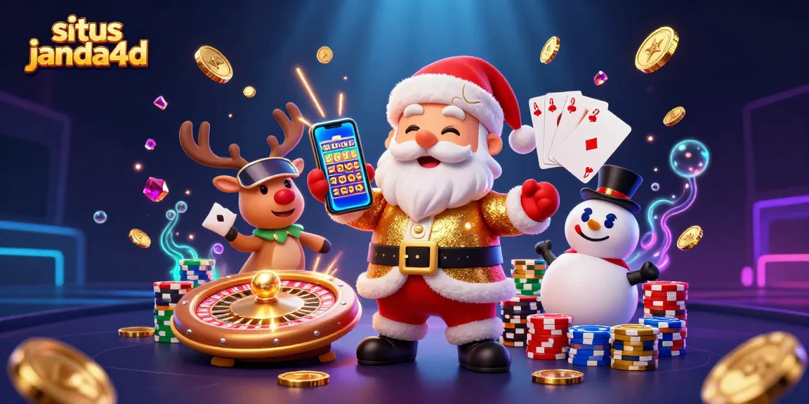 Situs janda4d menawarkan ilustrasi kasino 3D dengan tema Natal keceriaan dan keberuntungan.