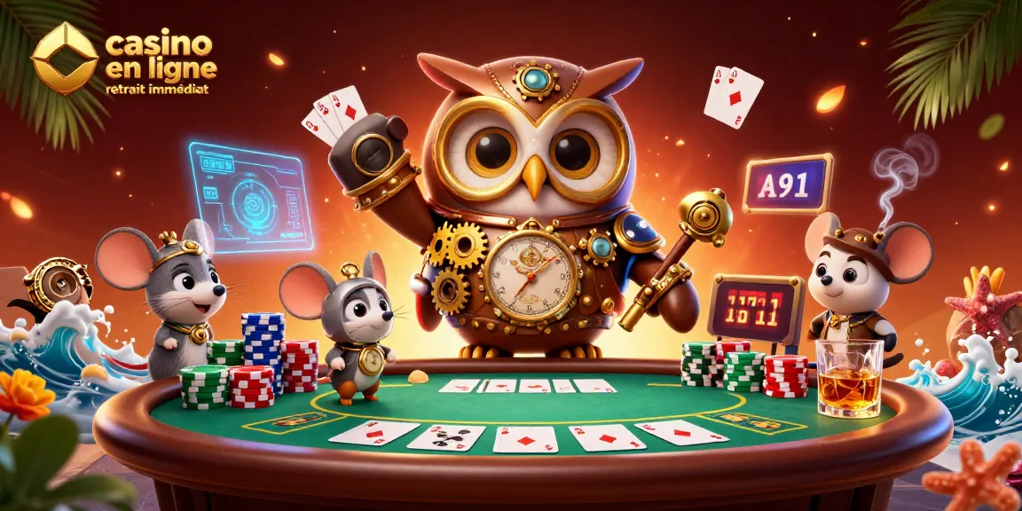 Plonger dans l'excitation du casino en ligne retrait immédiat avec une illustration vibrante d'un hibou steampunk.