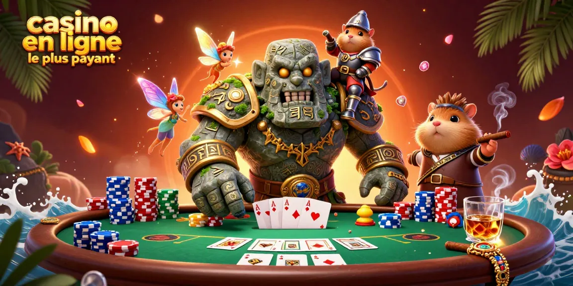 Une illustration dynamique du casino en ligne le plus payant avec un golem, une fée, et un hamster chevalier à une table de poker.