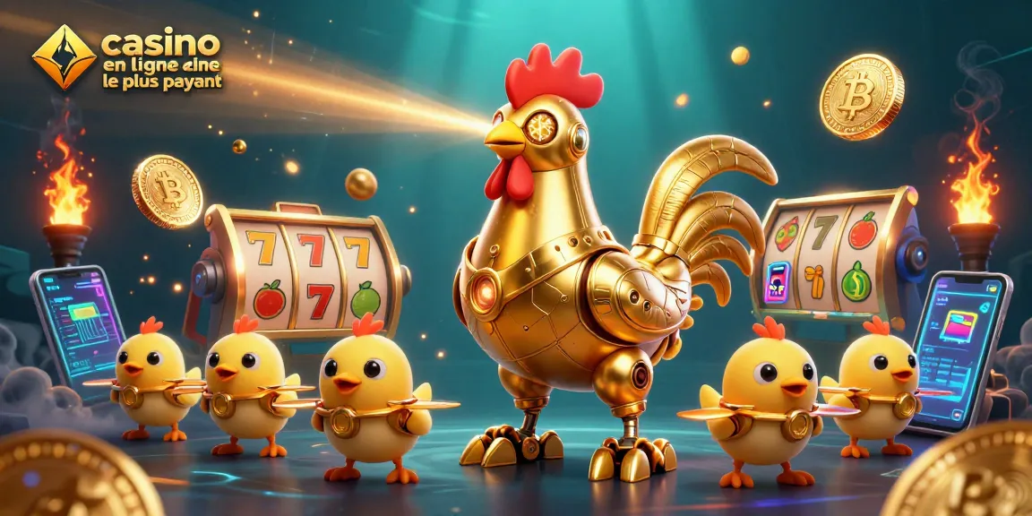 Cette illustration met en avant le casino en ligne le plus payant, avec un robot coq doré et des symboles de slot dynamiques.