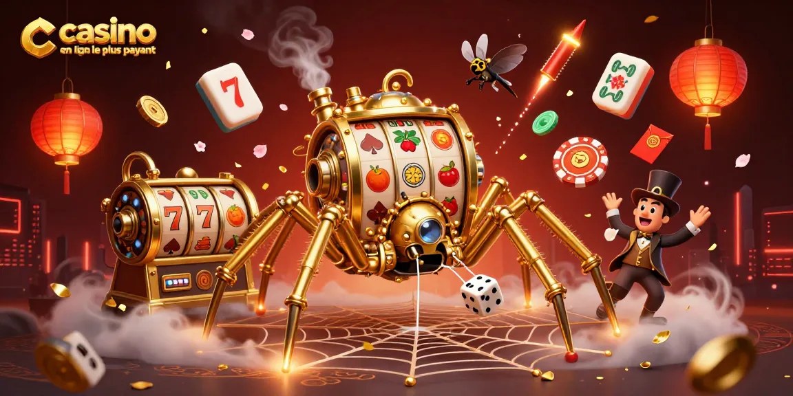 Un personnage amusé au sein d'un casino en ligne le plus payant, avec une toile dorée et des rouleaux de machines à sous.