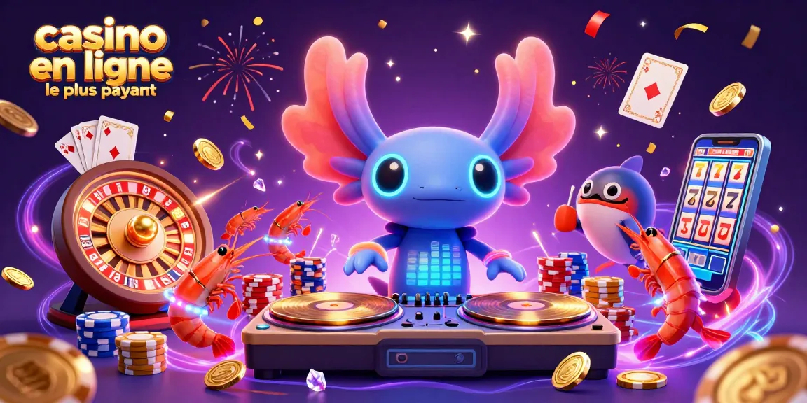 Casino en ligne le plus payant : axolotl DJ entouré de créatures marines dans une scène festive.