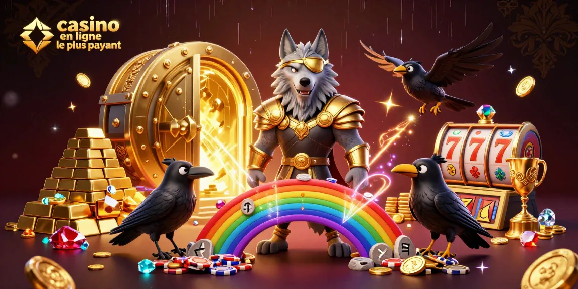 Image dynamique représentant le casino en ligne le plus payant avec des jackpots et un loup mythologique.