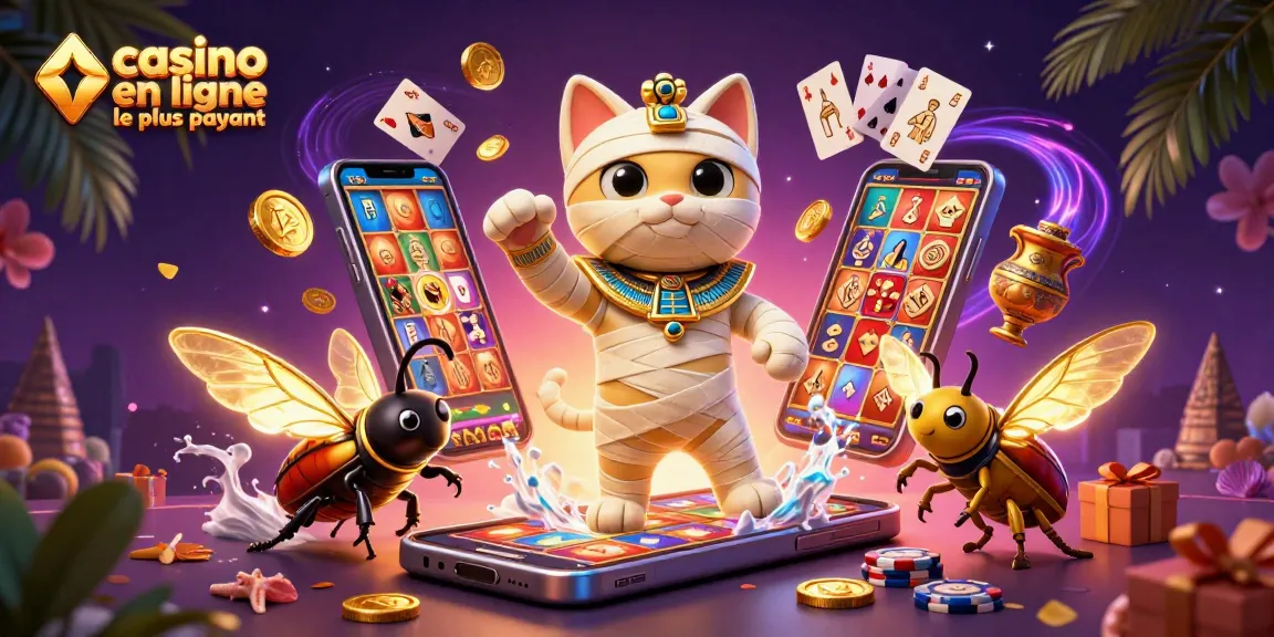 Illustration du casino en ligne le plus rémunérateur avec un chat momie égyptien et un scarabée complice.