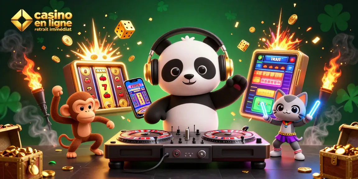 Illustration captivante d'un panda DJ dans un casino en ligne, avec retrait immédiat.