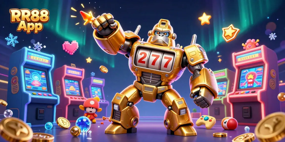 Engage with the thrilling RR88 App in a vibrant scene of a golden gorilla mech and dynamic gaming elements.