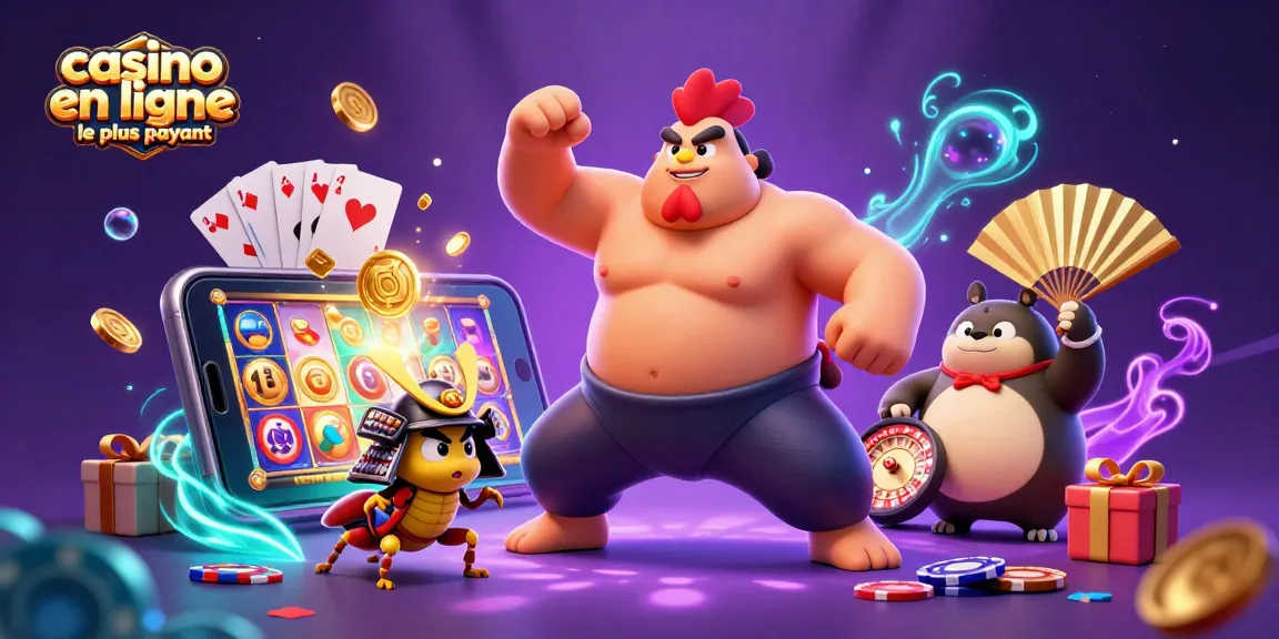 Image dynamique représentant le casino en ligne le plus payant avec un coq lutteur, un grillon samouraï et un tanuki annonceur entourés de jeux.