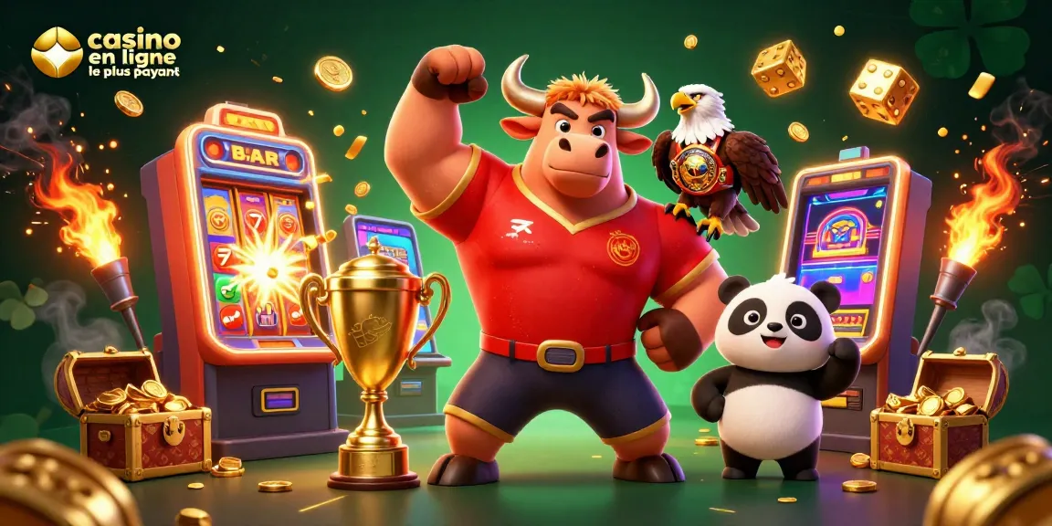 Le casino en ligne le plus payant est illustré avec un taureau victorieux, un aigle et un panda, entourés de machines à sous et d'effets spectaculaires.