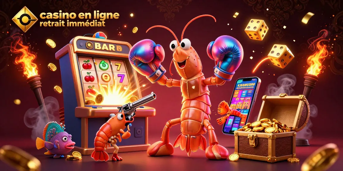 Jouez au casino en ligne retrait immédiat avec une scène animée de jackpots et de récompenses.