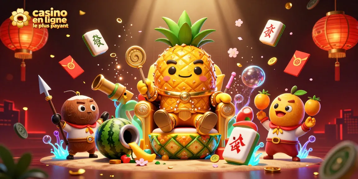 Illustration d'un roi ananas en 3D dans un casino en ligne le plus payant avec des éléments de jeu dynamiques.