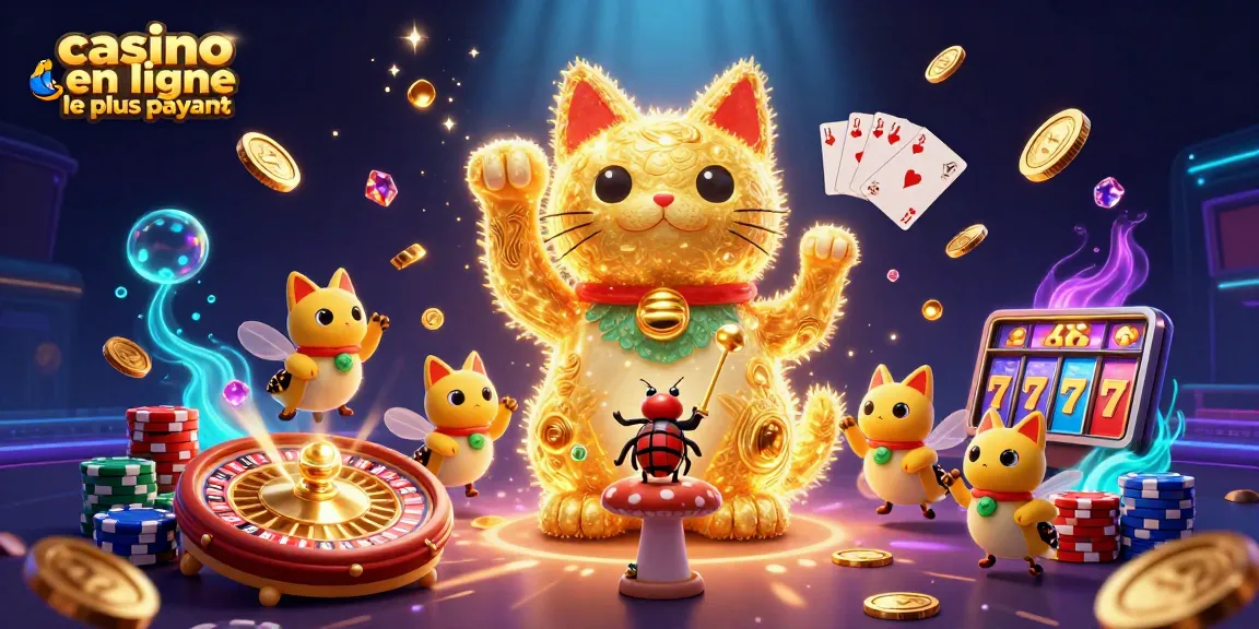 Un chat porte-bonheur en feuillus dorés symbolisant le casino en ligne le plus payant, entouré de pièces et de cartes.
