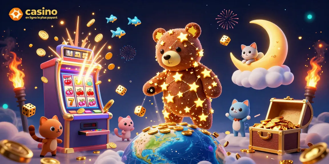 Jouez au casino en ligne le plus payant avec la machine à sous, des étoiles d'or et des pièces qui tombent.