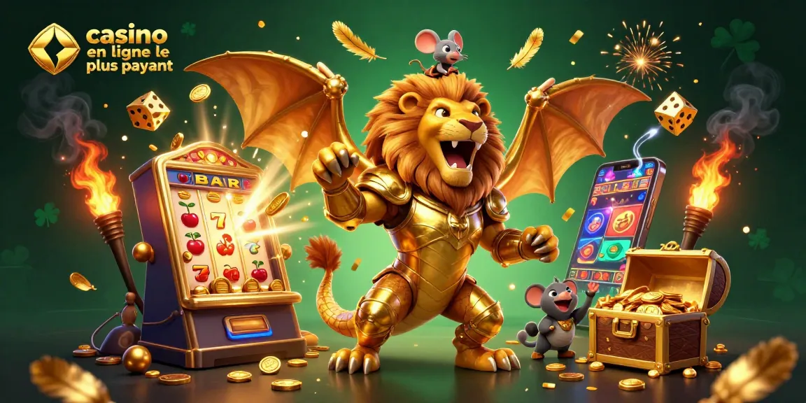 Casino en ligne le plus payant : chimère triomphante entourée de machines à sous et trésor.