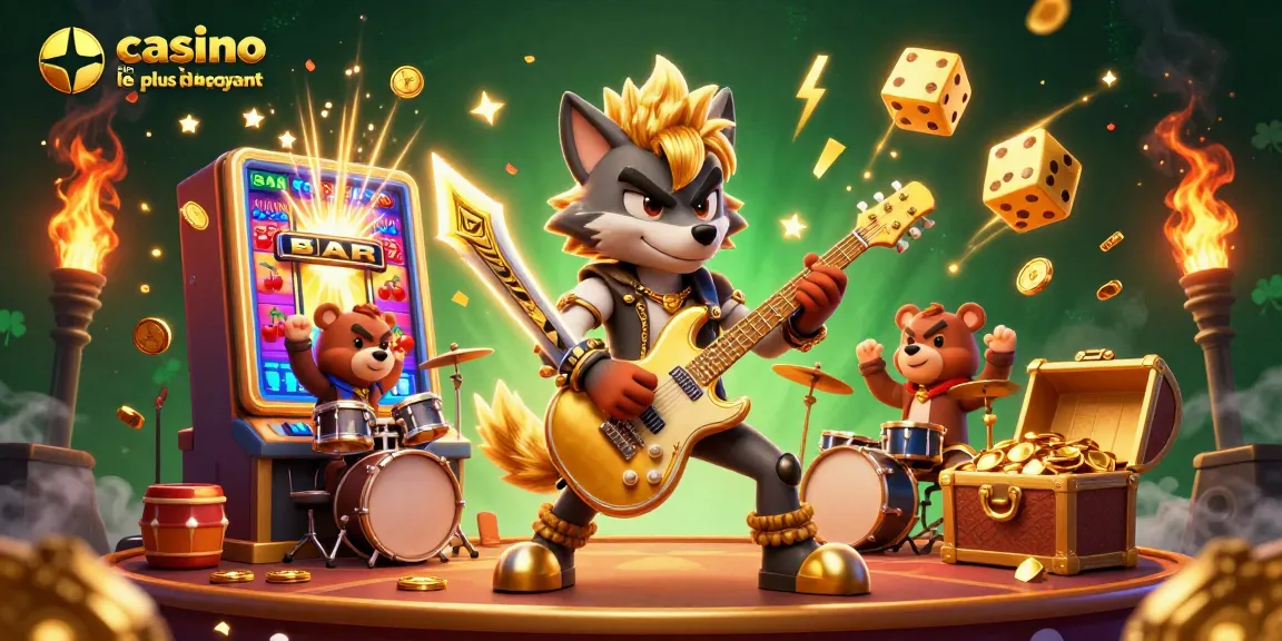 Le casino en ligne le plus payant présente un loup rock star sur scène avec un ours batteur, entourés de jackpots éclatants.