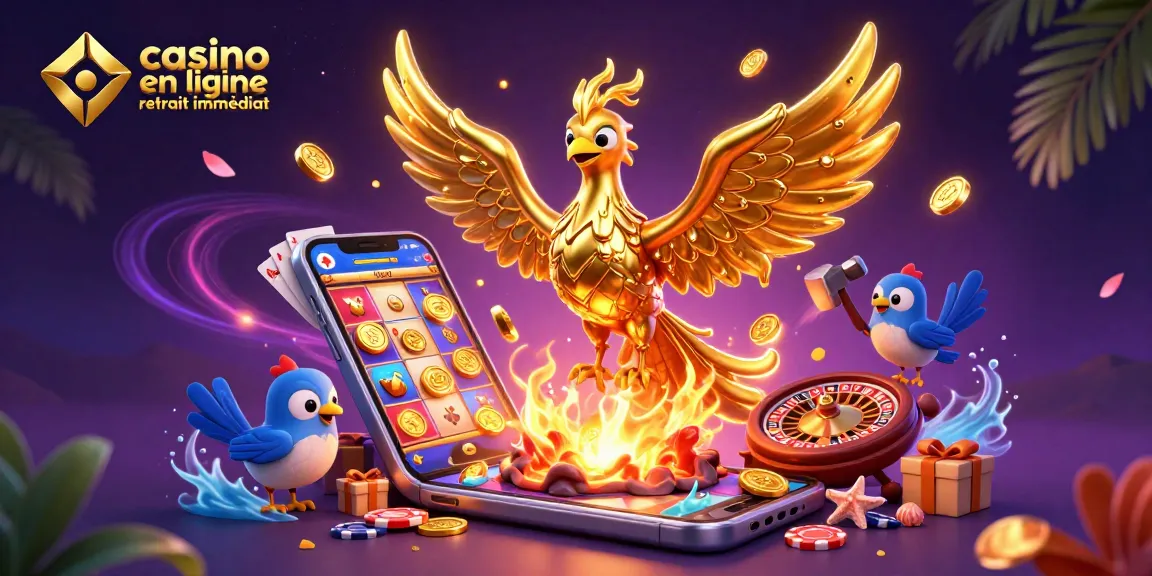 Jouez à casino en ligne retrait immédiat avec une illustration animée captivante illustrant un phoenix doré et des jeux de casino.