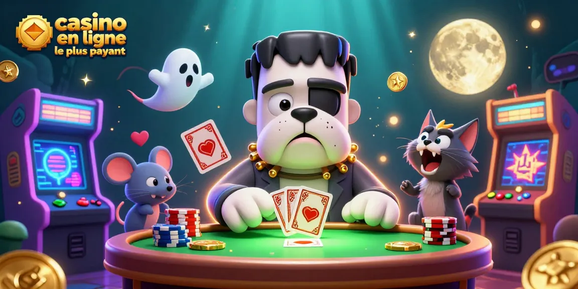 Un bulldog Frankenstein et un chaton loup jouent aux cartes dans un casino, illustrant le casino en ligne le plus payant.