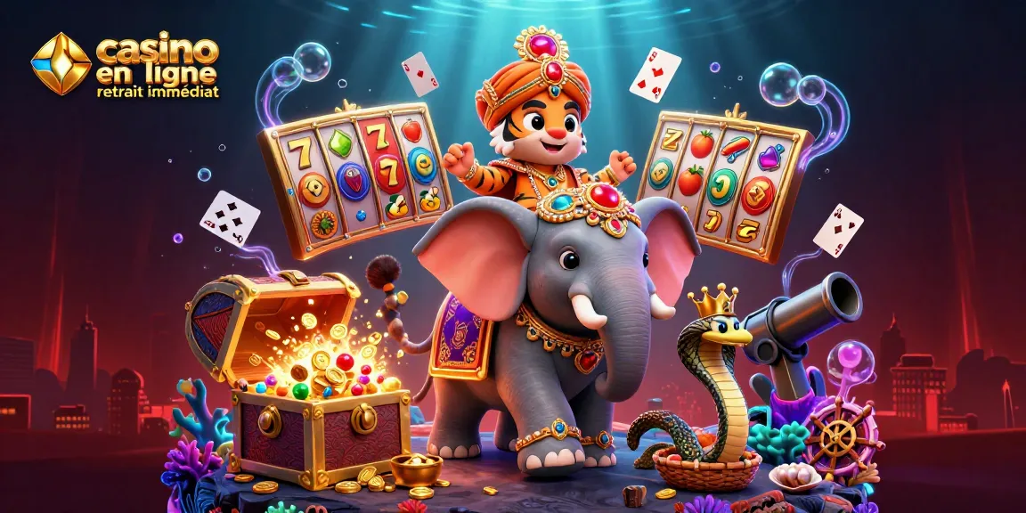 Casino en ligne retrait immédiat avec une illustration d'un tigre maharaja et des éléments de machines à sous.