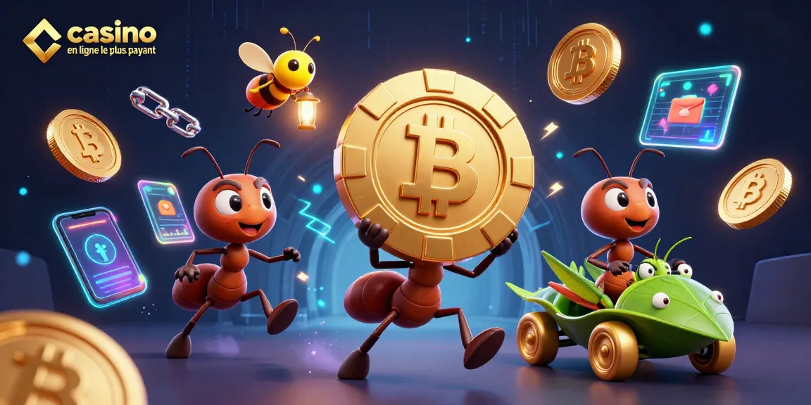 Découvrez le casino en ligne le plus payant avec une équipe de fourmis transportant un jeton de poker doré.