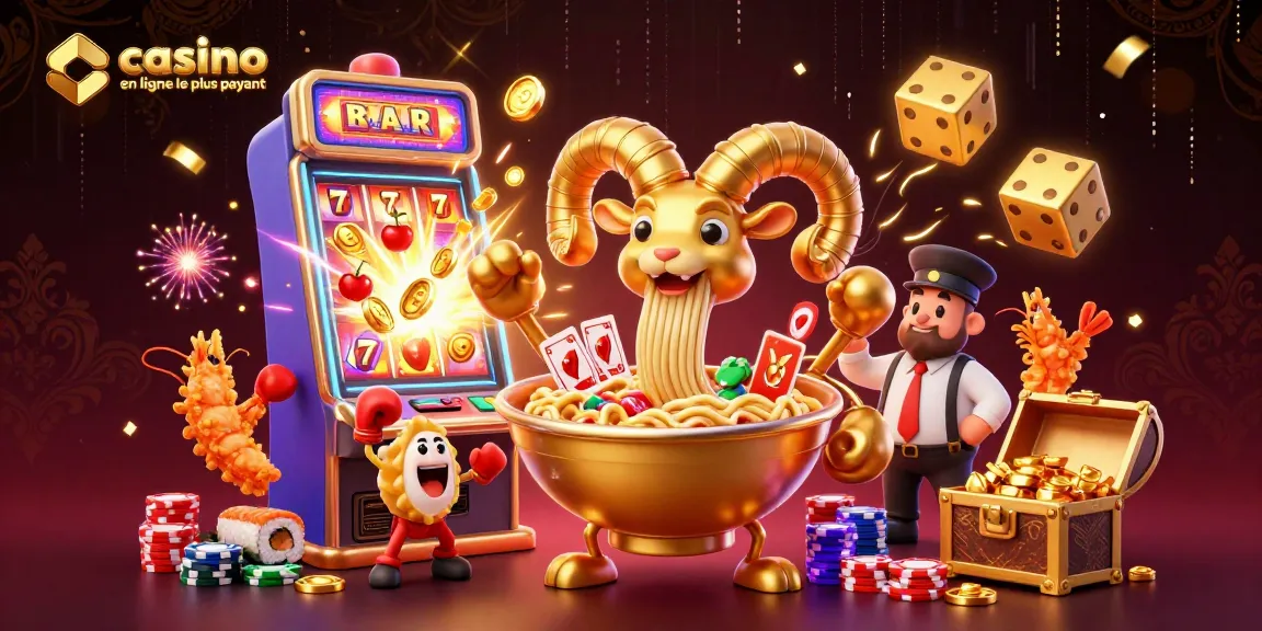 Illustration dynamique représentant casino en ligne le plus payant avec personnages et éléments de jeu colorés.