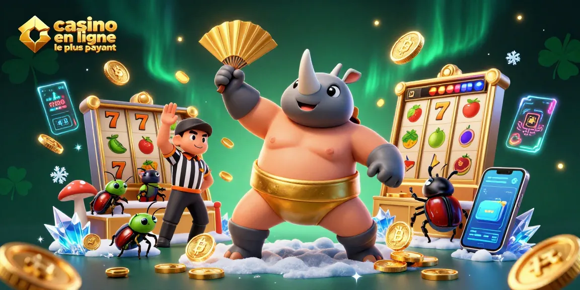Illustration captivante du casino en ligne le plus payant avec un rhinocéros scarabée sumo et des pièces dorées volantes.